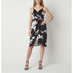 NWT Worthington Industries Midi Slip Dress XL V Neck Back Zip Black White Floral